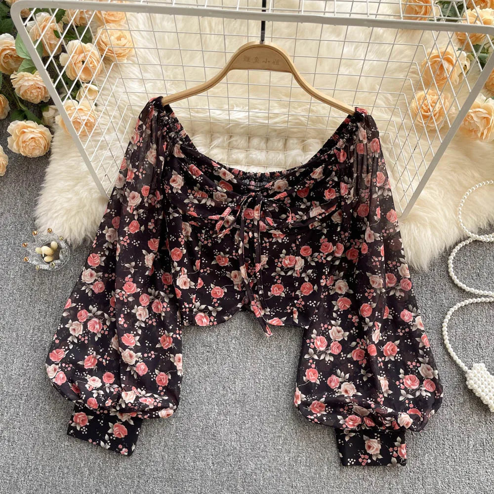 Bohemian Floral Blouses Women Gentle Sweet French Elastic Ruched Slim Tops Spring Casual Vacation Elegant Print Shirts