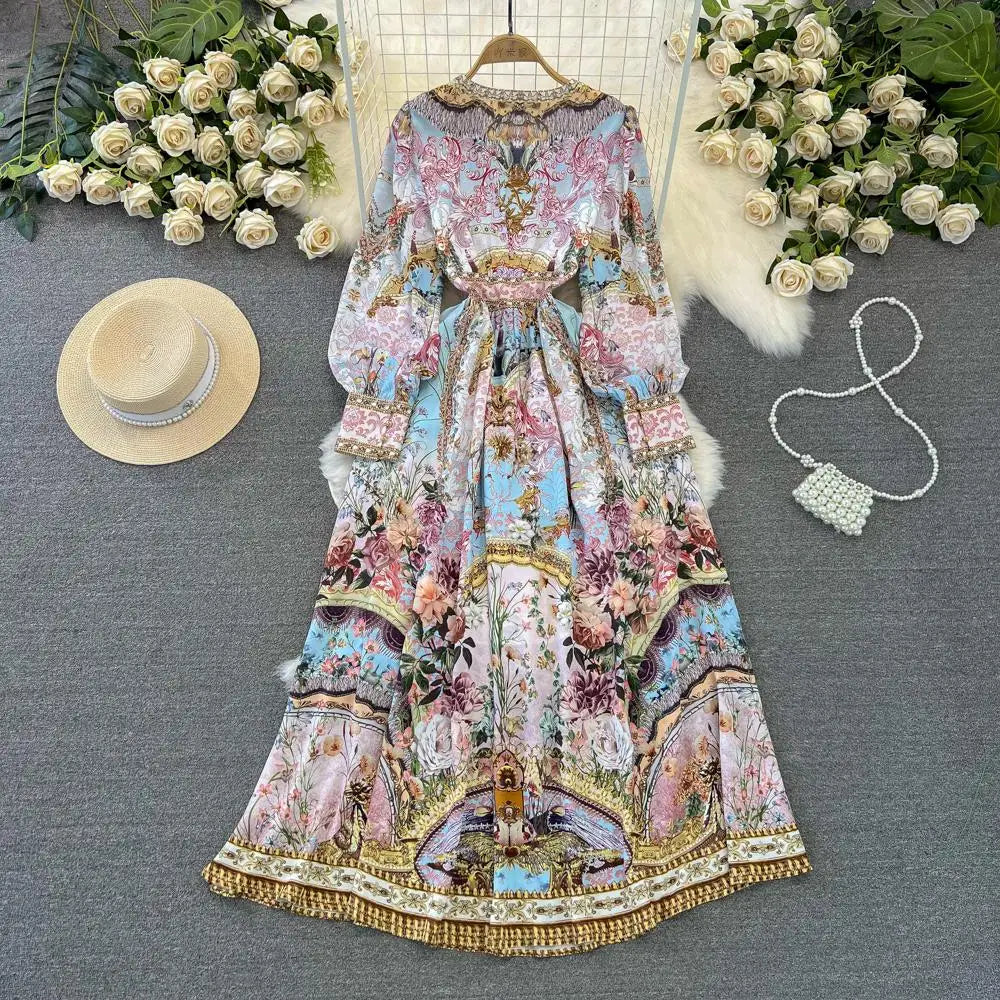 Spring Fashion Runway Gorgeous Flower Chiffon Maxi Dress Women Deep V Neck Long Sleeve Floral Print Boho Robe Vestidos 6549