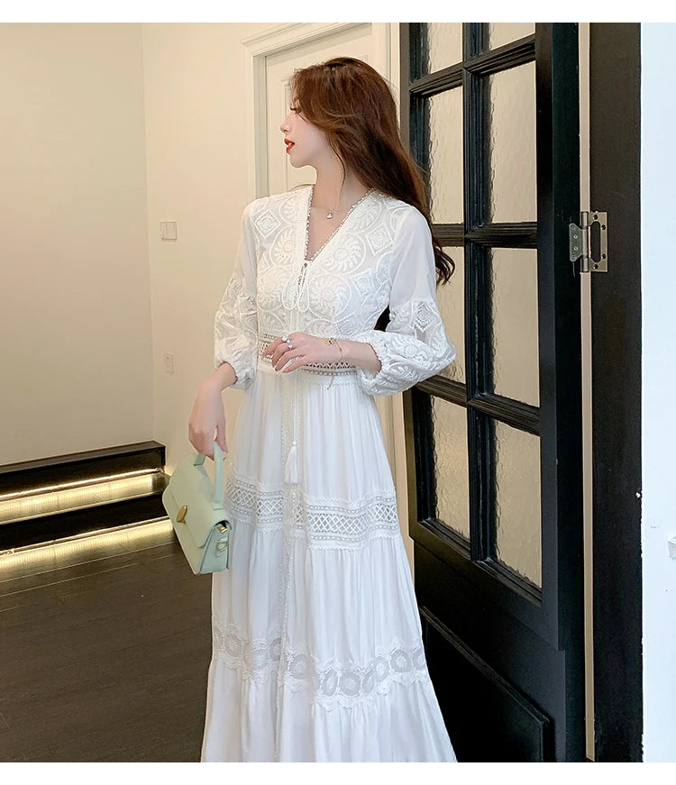 White Long Dress Women Summer Boho Lace Dresses Female Beach Holiday Hollow Out Dress Ladies Elegant Vintage Loose Vestidos