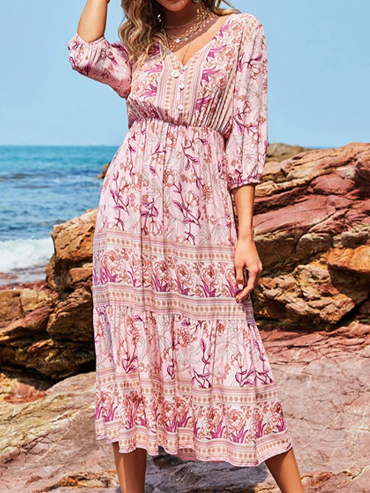 Summer Boho Long Dresses Women Fashion Print V Neck Half Sleeve Cotton Dress Elegant Casual High Waist Beach Dresses Vestidos