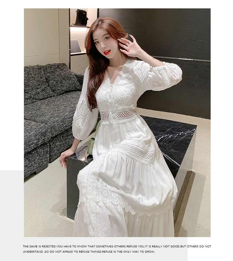 White Long Dress Women Summer Boho Lace Dresses Female Beach Holiday Hollow Out Dress Ladies Elegant Vintage Loose Vestidos