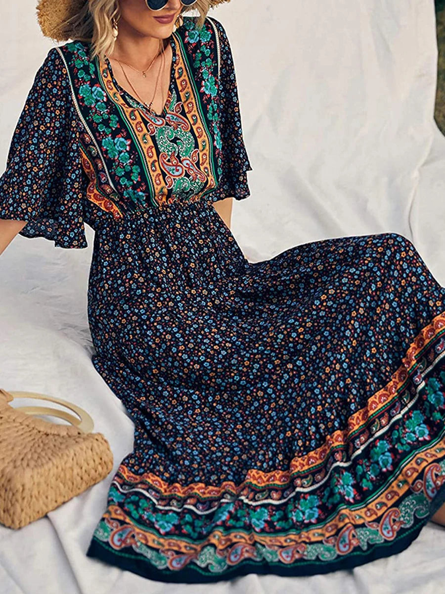 Women Boho Retro Print Long Dress Short Sleeve V-Neck High Waist Dresses Summer Beach Holiday Sundress Ethnic Style Vestido