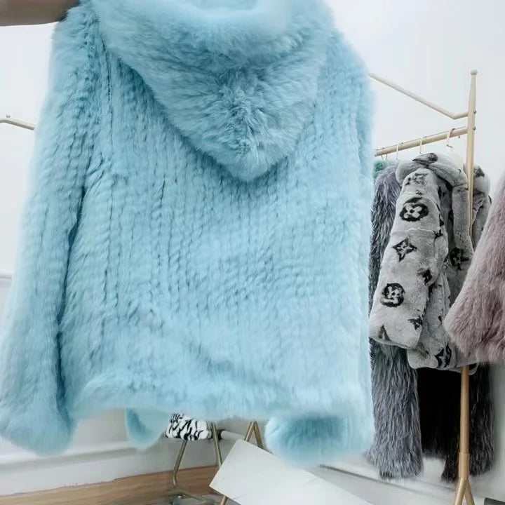 Customize Winter Fur Coat Free shipping Rabbit Fur Knitted Coat For Women Fashion Long Sleeves Rabbit Fur Jacket Outwear