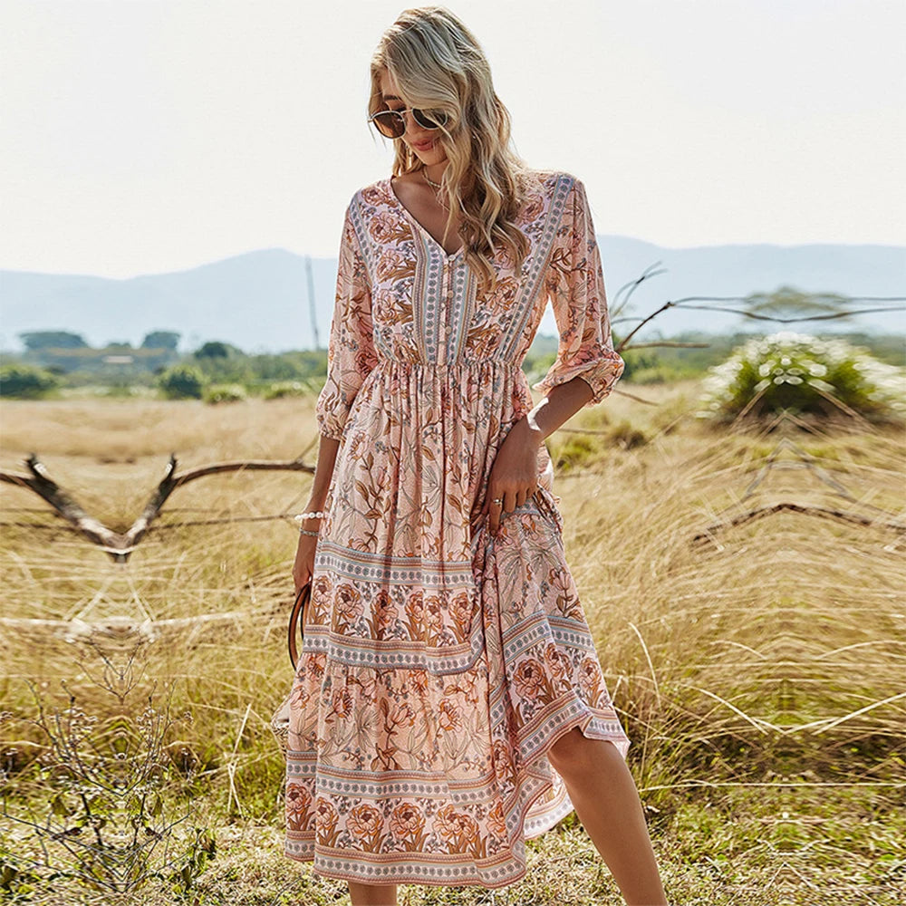 Summer Boho Long Dresses Women Fashion Print V Neck Half Sleeve Cotton Dress Elegant Casual High Waist Beach Dresses Vestidos