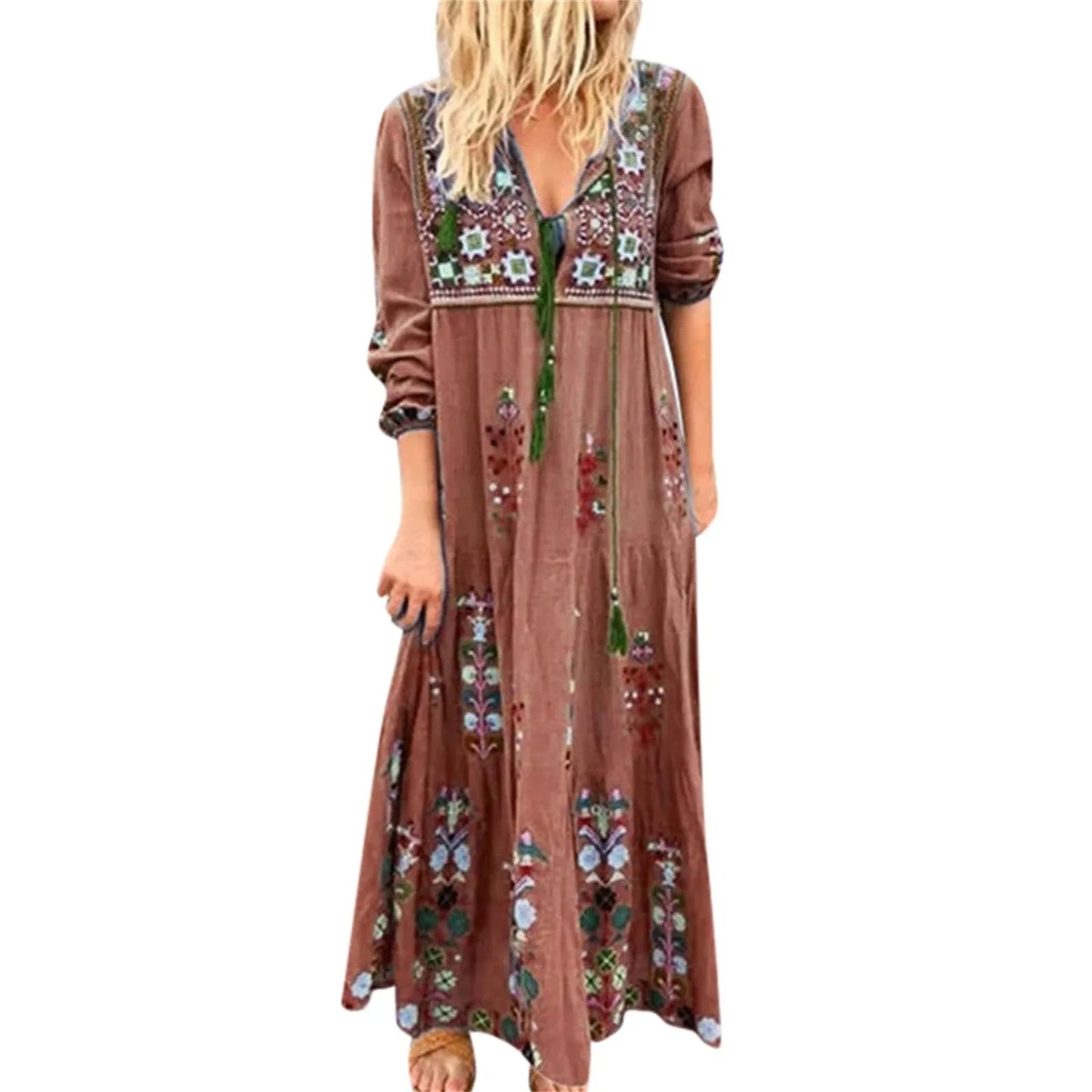 Fashion Vintage Ethnic Style Printed Long Dresses Long Sleeved Boho Beach Holiday Dress Plus Size Loose Casual Women's Dresses