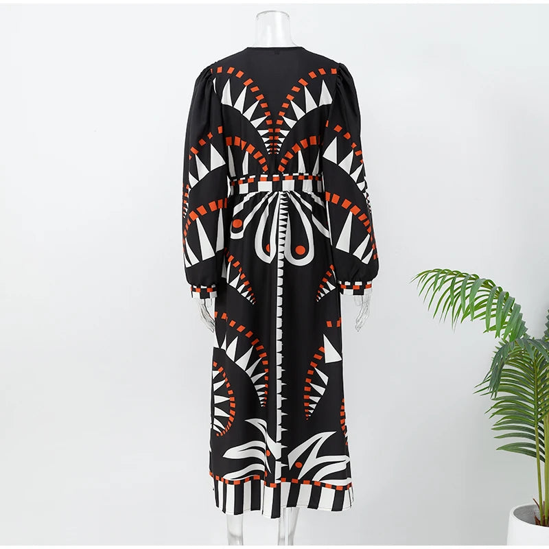 Casual Boho Print Loose Maxi Dress Women Chic V-neck Puff Half Sleeve Single-breasted Dresses Summer Lady Ethnic Style Robes