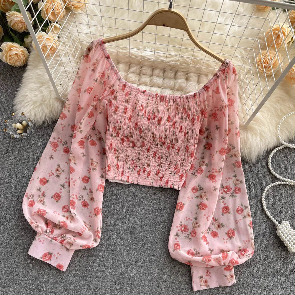 Bohemian Floral Blouses Women Gentle Sweet French Elastic Ruched Slim Tops Spring Casual Vacation Elegant Print Shirts