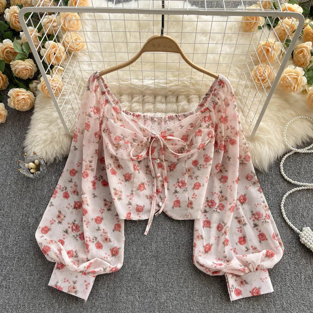 Bohemian Floral Blouses Women Gentle Sweet French Elastic Ruched Slim Tops Spring Casual Vacation Elegant Print Shirts