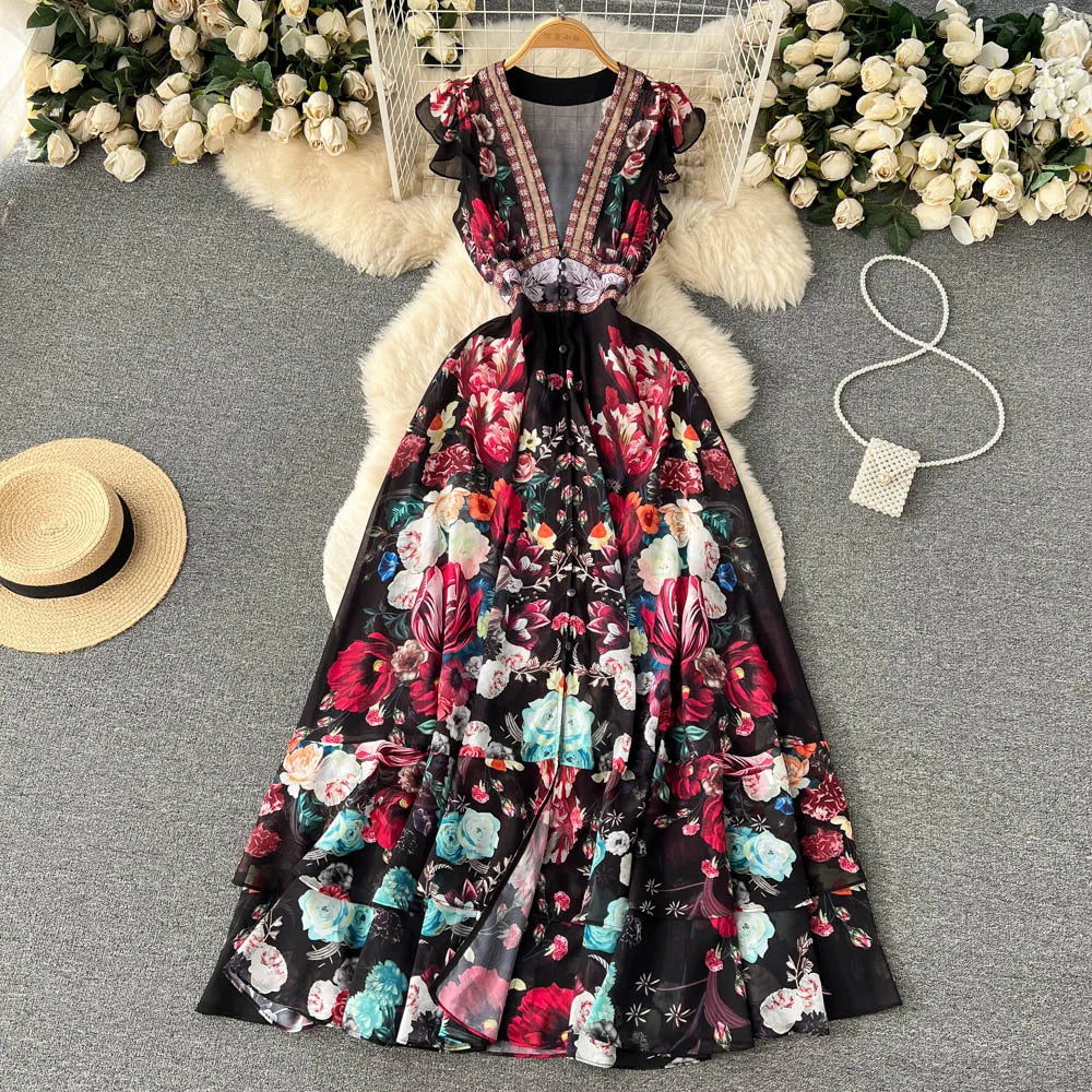 2023 Fashion Runway Gorgeous Flower Chiffon Cascading Ruffles Dress Women Deep V Neck Sleeveless Floral Print Boho Robe Vestidos