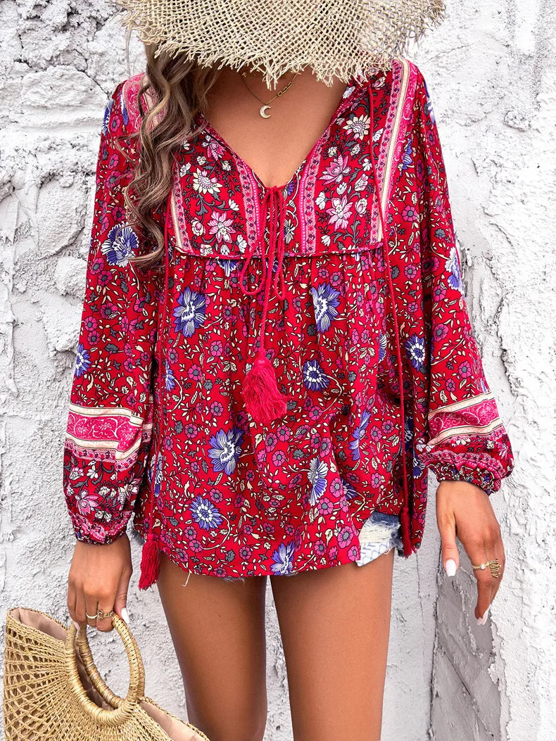 Bohemian Women Shirt Loose Blouse Long Sleeve Tees Vintage Tops Fashion Figure Streetwear Beach Vacation Female Clothing