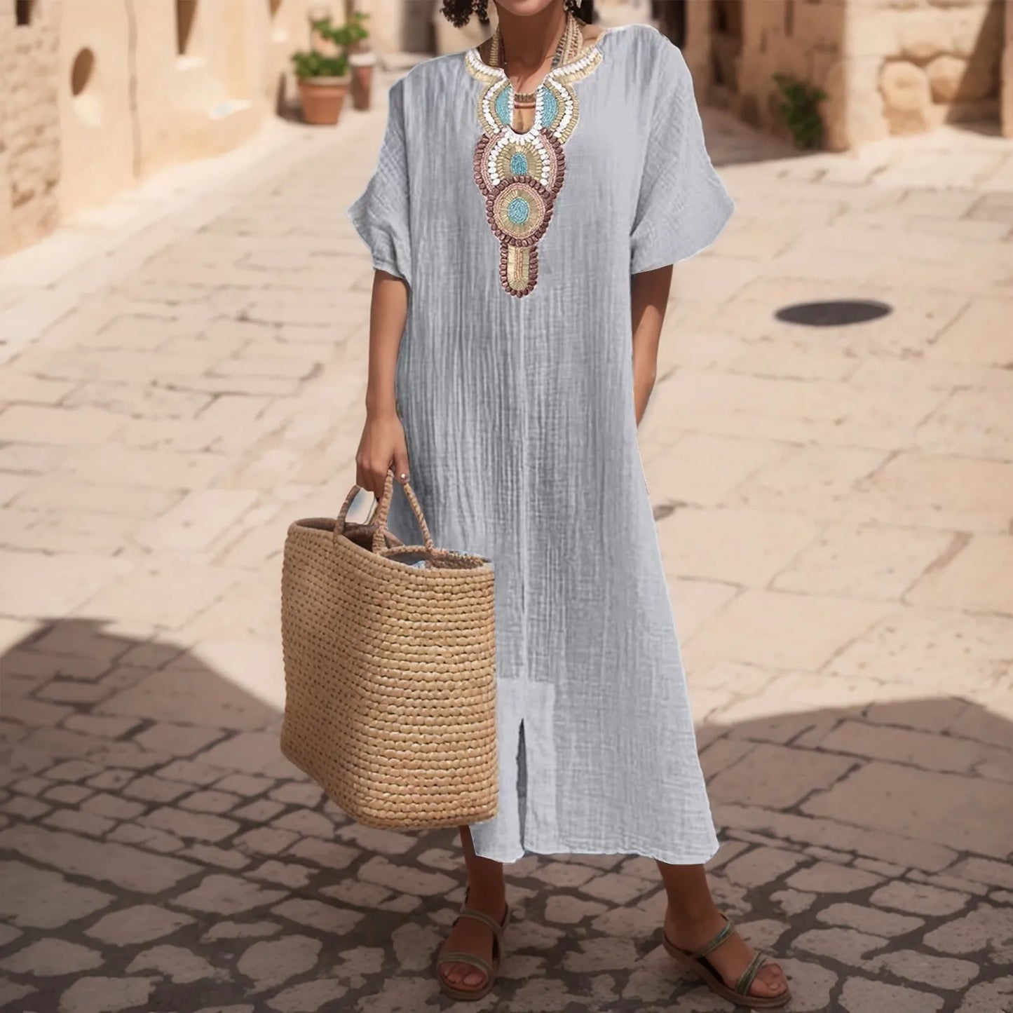 Boho Vintage Embroidered Cotton Linen Long Dress Women V Neck Split Maxi Party Dress 2023 Summer Short Sleeve Loose Beach Dress