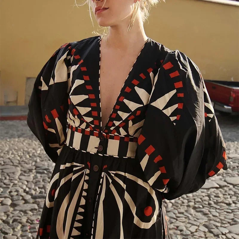 Casual Boho Print Loose Maxi Dress Women Chic V-neck Puff Half Sleeve Single-breasted Dresses Summer Lady Ethnic Style Robes