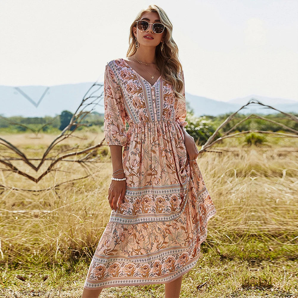 Summer Boho Long Dresses Women Fashion Print V Neck Half Sleeve Cotton Dress Elegant Casual High Waist Beach Dresses Vestidos