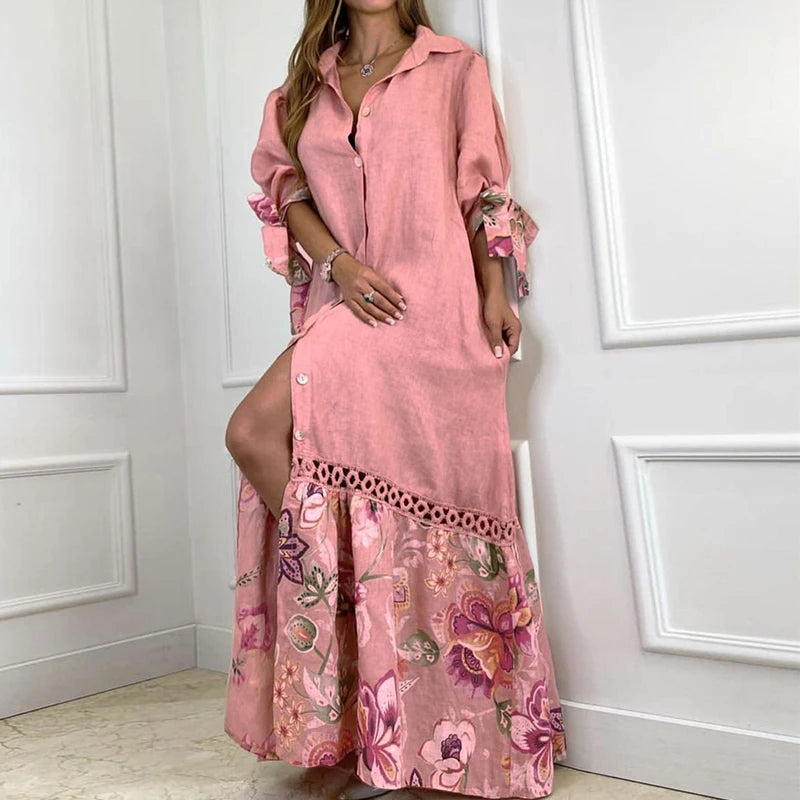 Elegant Lantern Sleeve Sundress Women Dress Fashion Lapel Neck Boho Printing Shirt Dress Single Breasted Maxi Dress Robe Femme