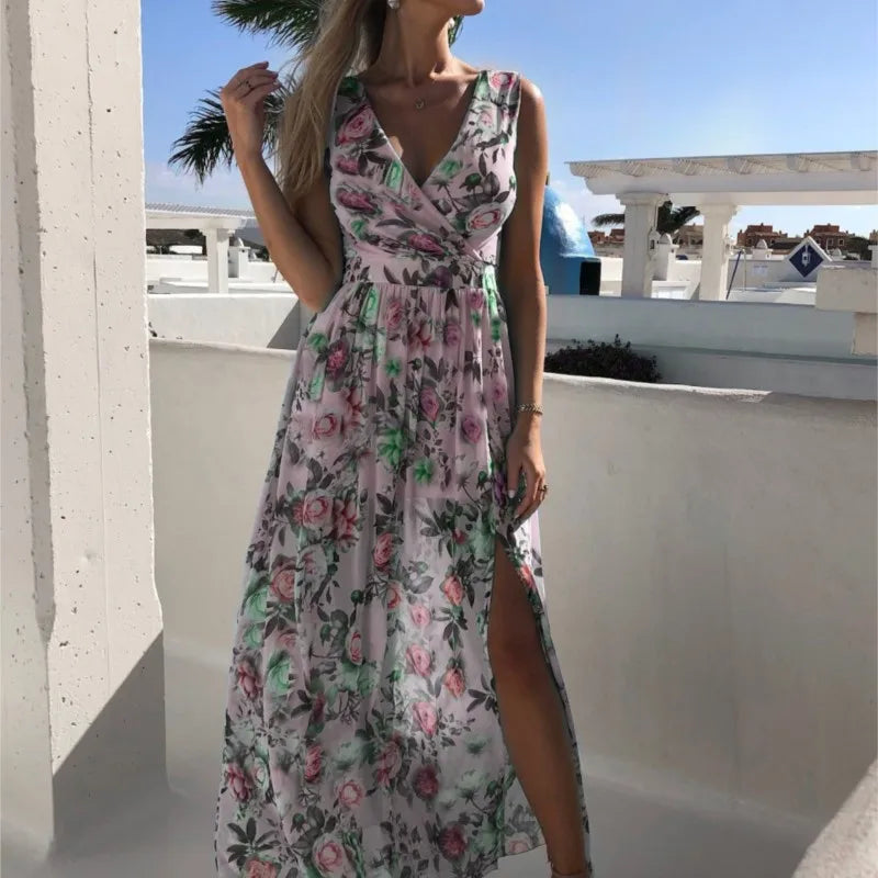 Elegant Boho Flowe Print Split Beach Maxi Dress For Women Sexy V Neck Spaghetti Strap Long Dress Fashion Backless Party Dresses