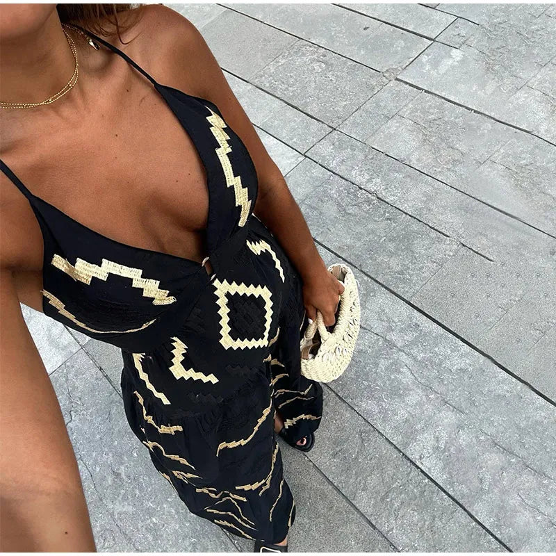 Casual Boho Print Loose Maxi Dress Women Chic V-neck Puff Half Sleeve Single-breasted Dresses Summer Lady Ethnic Style Robes