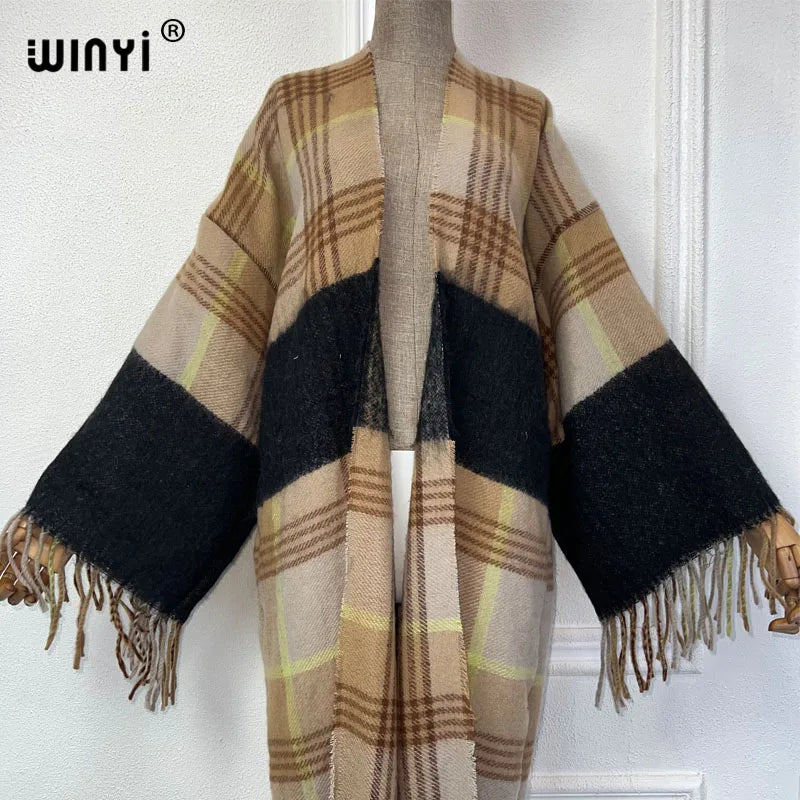 WINYI new winter coat Africa women Retro plaid printed tassel cardigan  long down coat Middle East kimono jacket fashion abaya