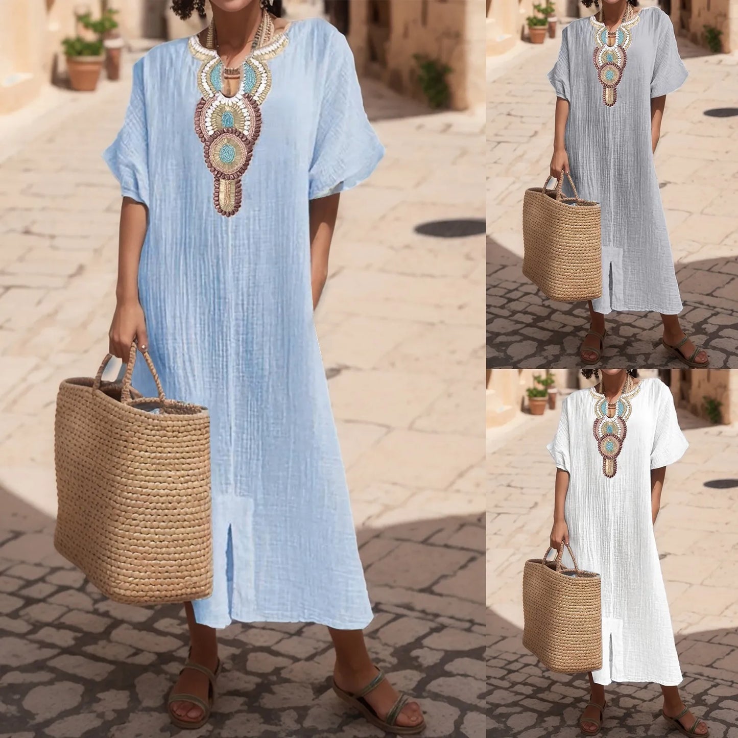 Boho Vintage Embroidered Cotton Linen Long Dress Women V Neck Split Maxi Party Dress 2023 Summer Short Sleeve Loose Beach Dress