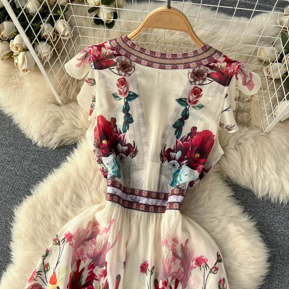 2023 Fashion Runway Gorgeous Flower Chiffon Cascading Ruffles Dress Women Deep V Neck Sleeveless Floral Print Boho Robe Vestidos