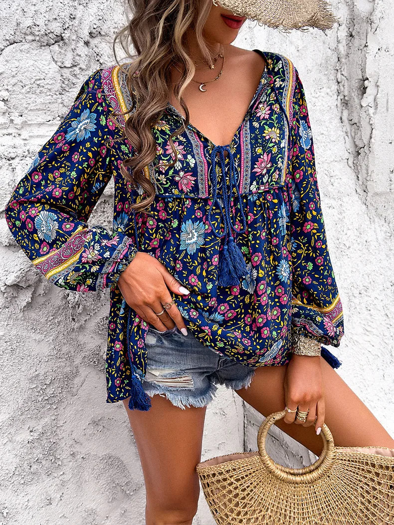 Bohemian Women Shirt Loose Blouse Long Sleeve Tees Vintage Tops Fashion Figure Streetwear Beach Vacation Female Clothing