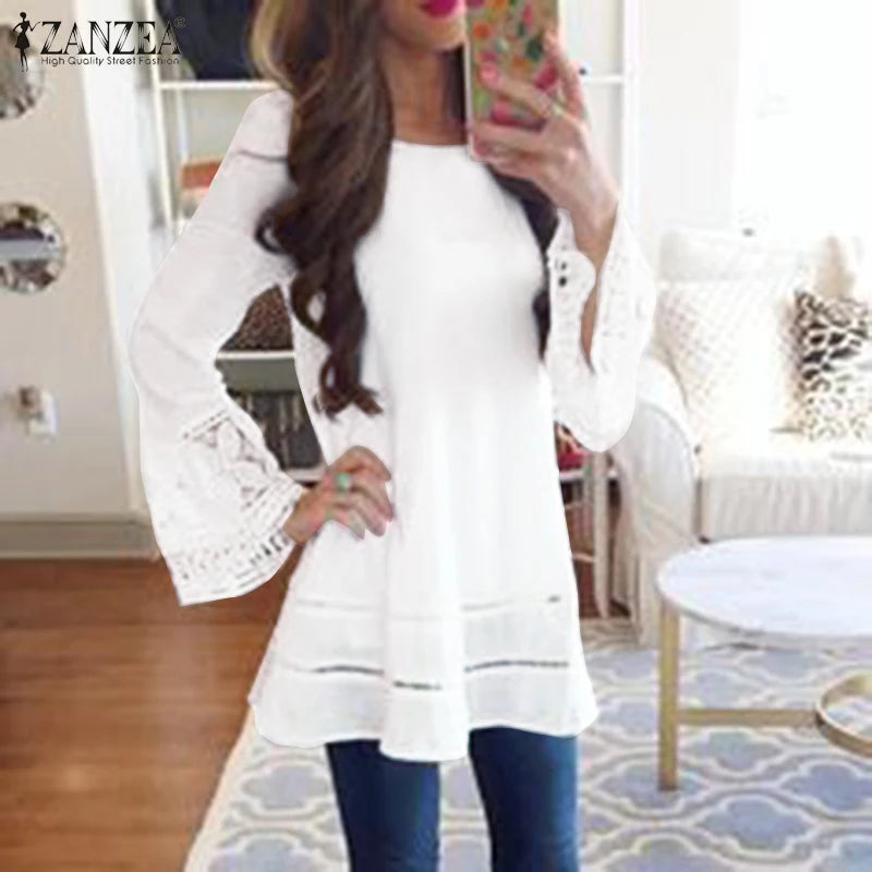 Bohemian Lace Handmade Patchwork Shirts ZANZEA Women's Spring Blouse 2023 Casual Flare Sleeve Tops Female Hollow Blusas Tunic Chemise