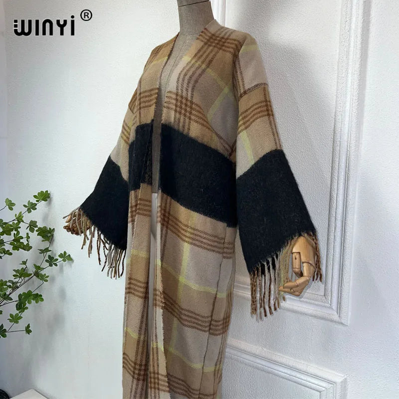 WINYI new winter coat Africa women Retro plaid printed tassel cardigan  long down coat Middle East kimono jacket fashion abaya