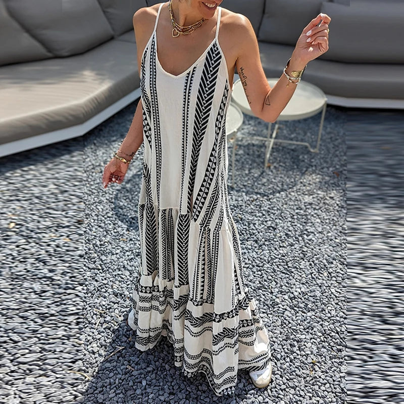 Elegant Casual Print Sleeveless Ruffle Party Dress Summer V Neck Sling Loose Dress Women Fashion Holiday Boho Beach Long Dresses