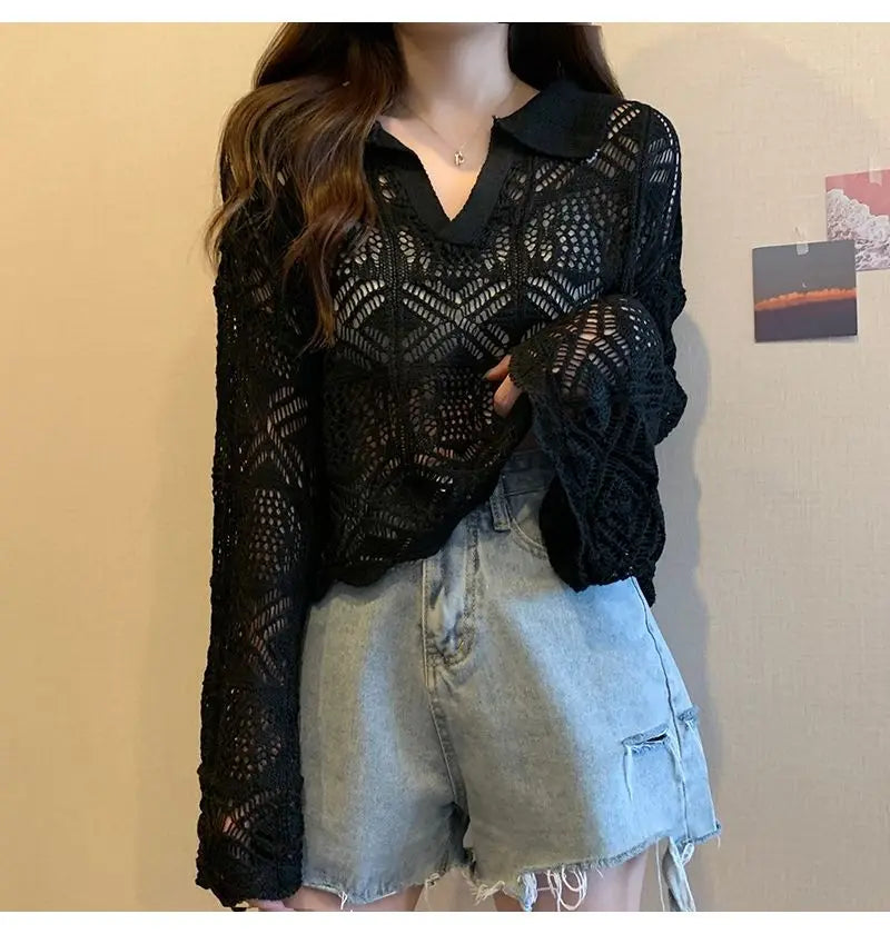 Summer Vintage Hollow Chic Bohemian Sweater Pullovers Cute Solid Turn-down Collar Long Sleeve Knitwears Korean Style Top Women