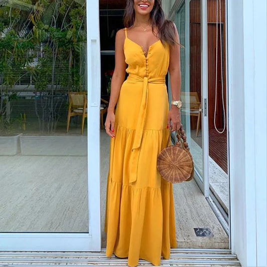 Women Yellow Sling Maxi Dress Sexy V Neck Button Sleeveless Lace Up Ruffles Elegant Green Boho Party Vacation Dresses Vestidos