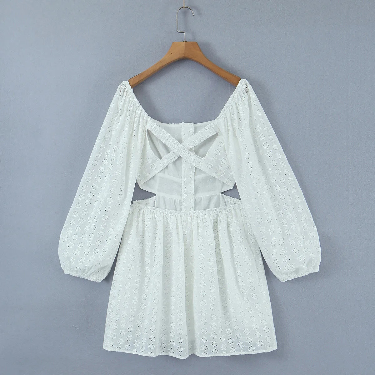 2023 Sexy Lantern Sleeve Hollow Out Embroidery White Cross Elastic Rope Backless Mini Dress BOHO Slit Back Woman Holiday Robe