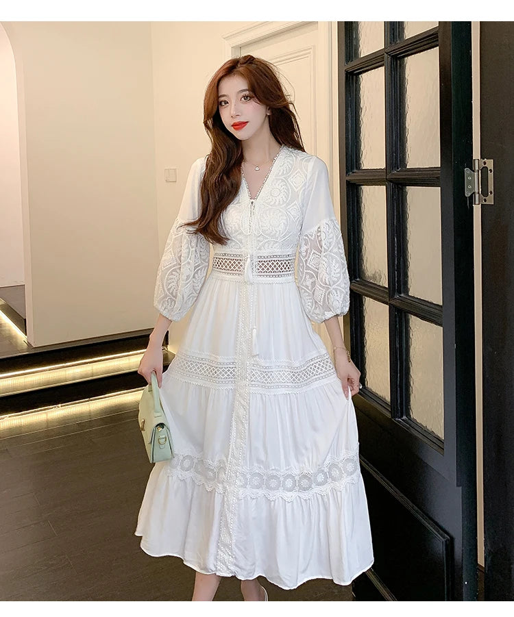 White Long Dress Women Summer Boho Lace Dresses Female Beach Holiday Hollow Out Dress Ladies Elegant Vintage Loose Vestidos