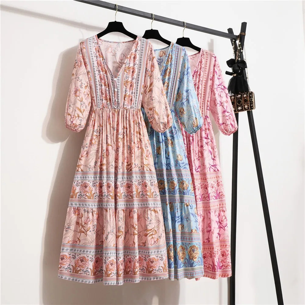 Summer Boho Long Dresses Women Fashion Print V Neck Half Sleeve Cotton Dress Elegant Casual High Waist Beach Dresses Vestidos