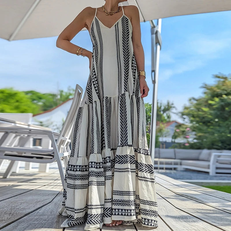 Elegant Casual Print Sleeveless Ruffle Party Dress Summer V Neck Sling Loose Dress Women Fashion Holiday Boho Beach Long Dresses