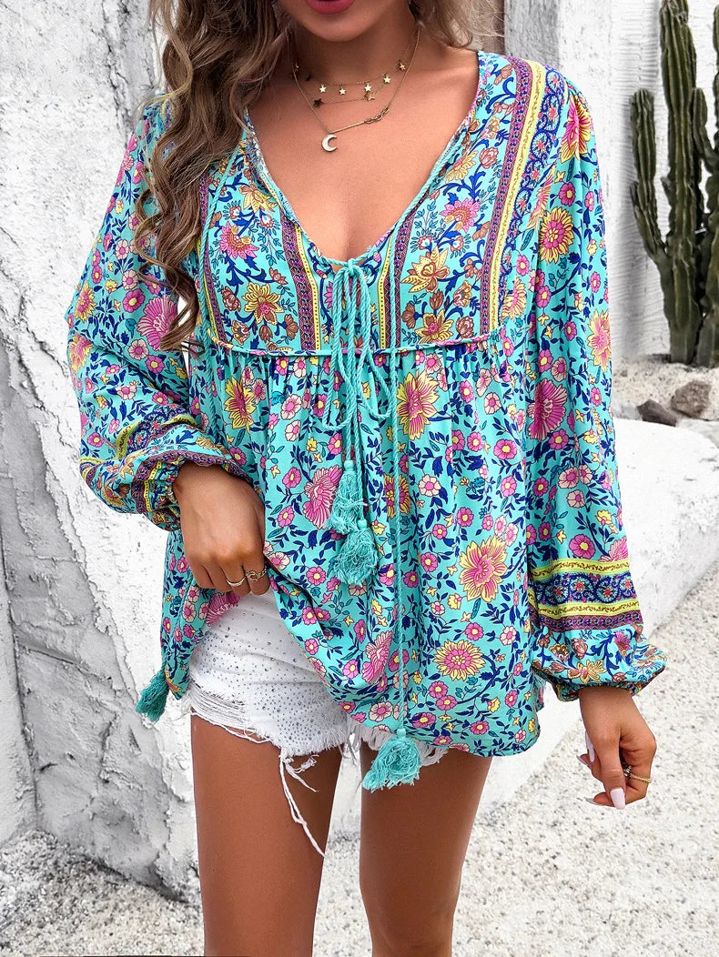 Bohemian Women Shirt Loose Blouse Long Sleeve Tees Vintage Tops Fashion Figure Streetwear Beach Vacation Female Clothing