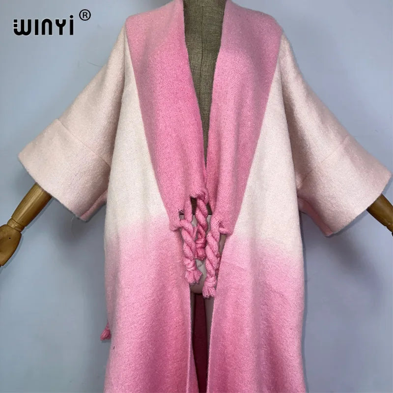 WINYI Winter Women Gradient color Luxury Fur Neutral coat Loose Thick comfortable Warm Female coat over poncho tassels jacket