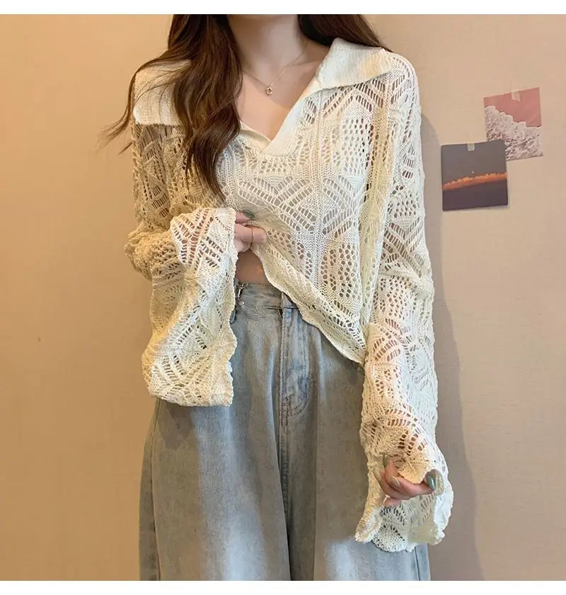 Summer Vintage Hollow Chic Bohemian Sweater Pullovers Cute Solid Turn-down Collar Long Sleeve Knitwears Korean Style Top Women