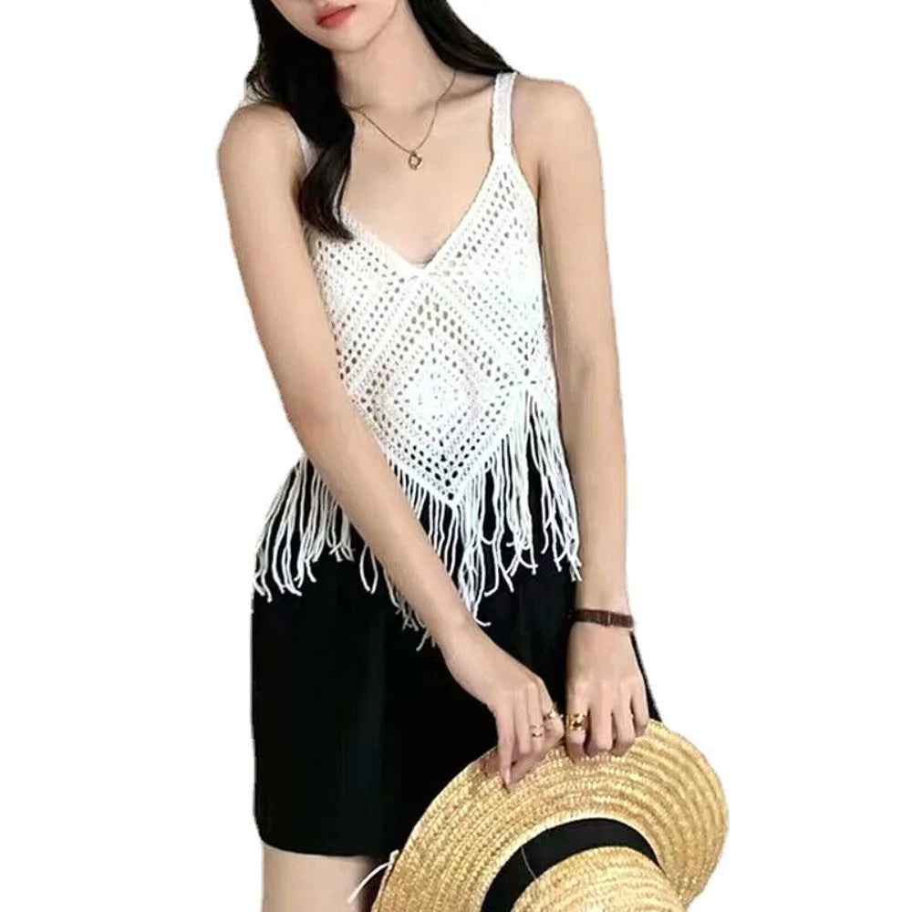 Knitted Crochet Camisole New Cotton Boho Crochet Tops Tassel Tank Summer