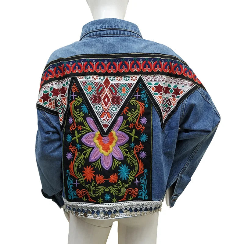 Jacket Women's Spring Boho Denim for Women Floral Appliques Embroidery Vintage Coat Long Sleeve Outerwear Female Jacket Coatee