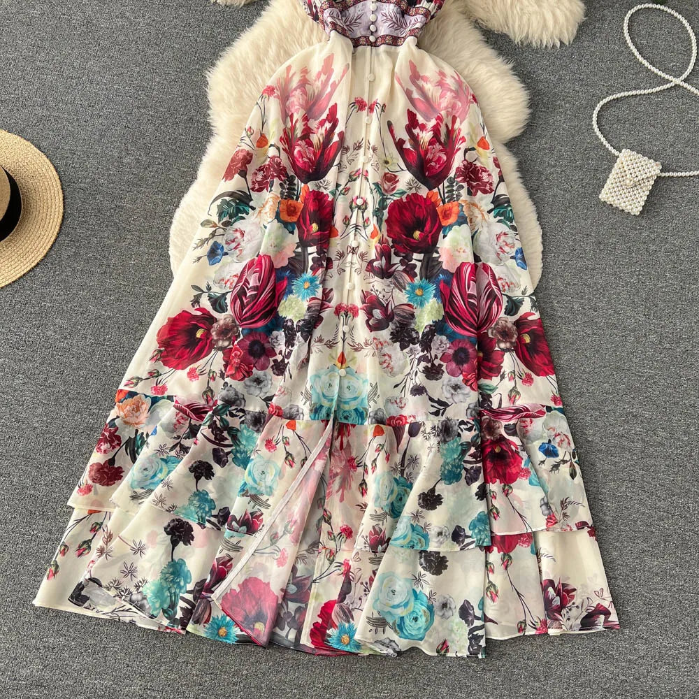 2023 Fashion Runway Gorgeous Flower Chiffon Cascading Ruffles Dress Women Deep V Neck Sleeveless Floral Print Boho Robe Vestidos