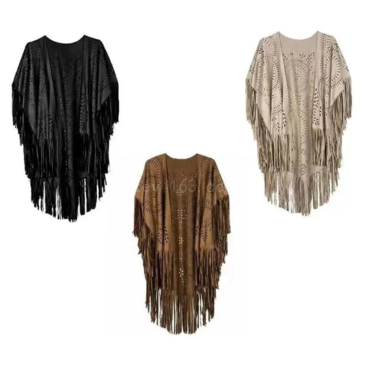 Women's Tassels Sleeveless Vest Hippie Faux Suede Fringe Jackets Cardigan Summer Hollow Waistcoat Outwear Tops