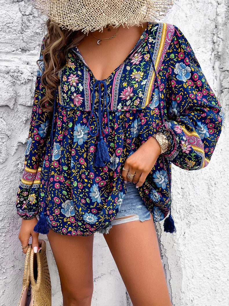 Bohemian Women Shirt Loose Blouse Long Sleeve Tees Vintage Tops Fashion Figure Streetwear Beach Vacation Female Clothing