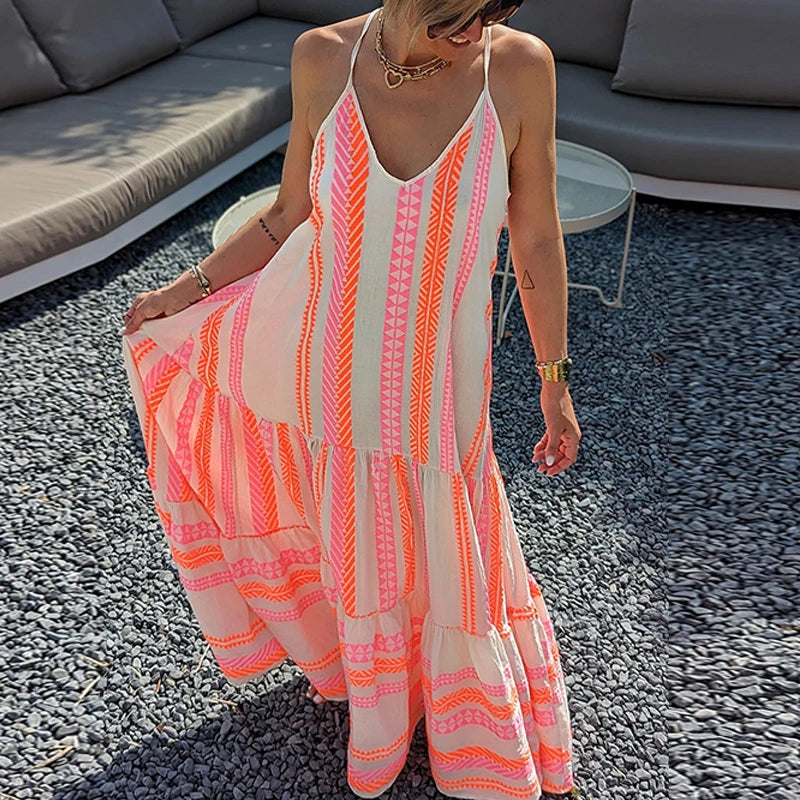 Elegant Casual Print Sleeveless Ruffle Party Dress Summer V Neck Sling Loose Dress Women Fashion Holiday Boho Beach Long Dresses