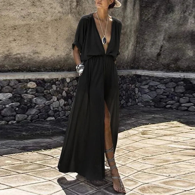 Fashion Short Sleeve Loose Casual Long Dress Sexy Deep V Neck High Slit Party Dress Lady Elegant Solid Boho Beach Women Sundress