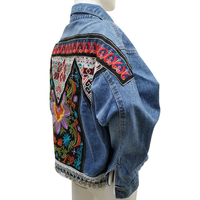 Jacket Women's Spring Boho Denim for Women Floral Appliques Embroidery Vintage Coat Long Sleeve Outerwear Female Jacket Coatee