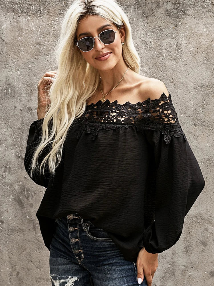 KHALEE YOSE Vintage Off The Shoulder Top Blouse Lace Sexy Long Sleeve Hollow Out Tassel Loose Casual Tops Ladies Women Blouses