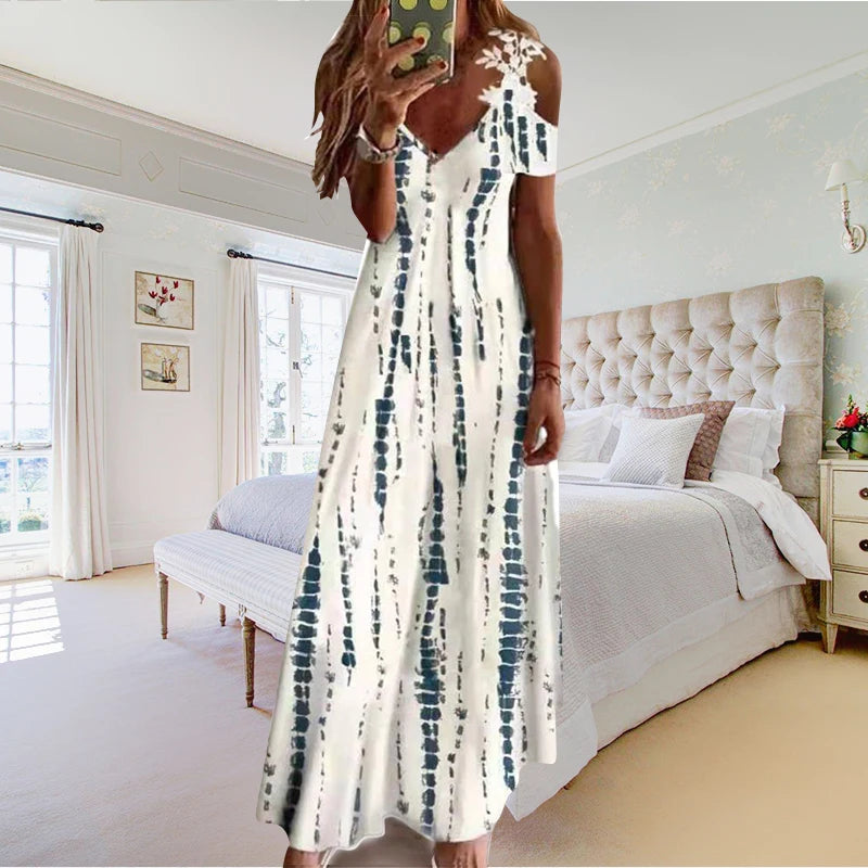 Women Summer Casual Long Dress 2022 Hollow Out Short Sleeve A-Line Lady Length Beach Boho Party Elegant Dresses