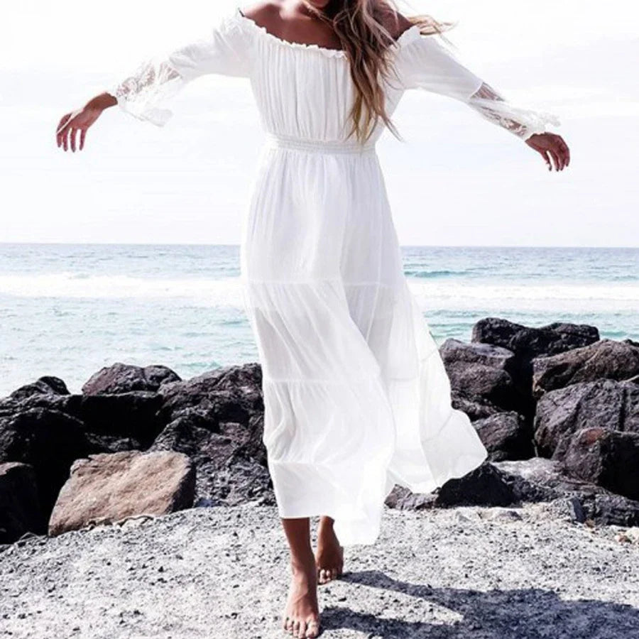 TEELYNN boho dress white sexy off the shoulder beach sundress Flare long sleeve splice lace women dresses summer vestidos