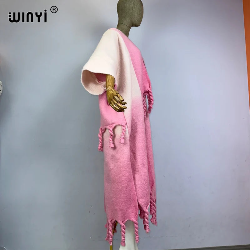 WINYI Winter Women Gradient color Luxury Fur Neutral coat Loose Thick comfortable Warm Female coat over poncho tassels jacket