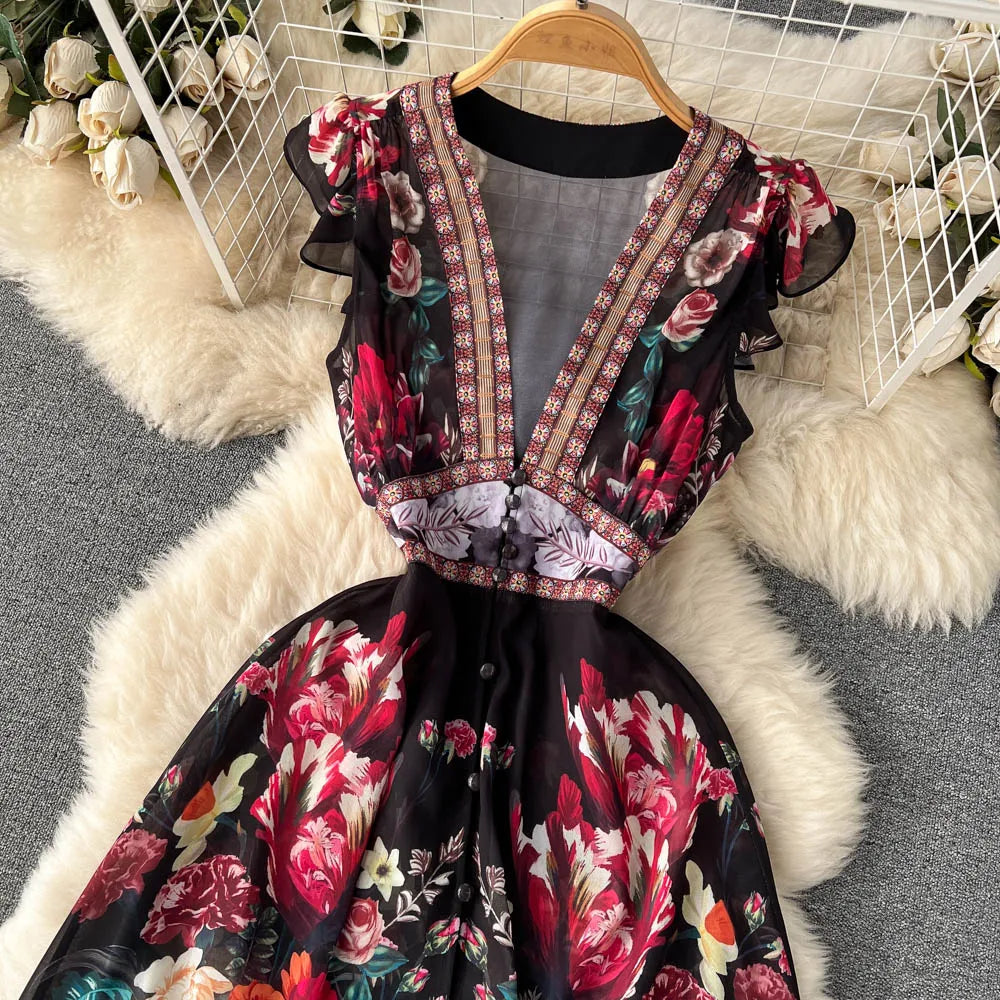 2023 Fashion Runway Gorgeous Flower Chiffon Cascading Ruffles Dress Women Deep V Neck Sleeveless Floral Print Boho Robe Vestidos