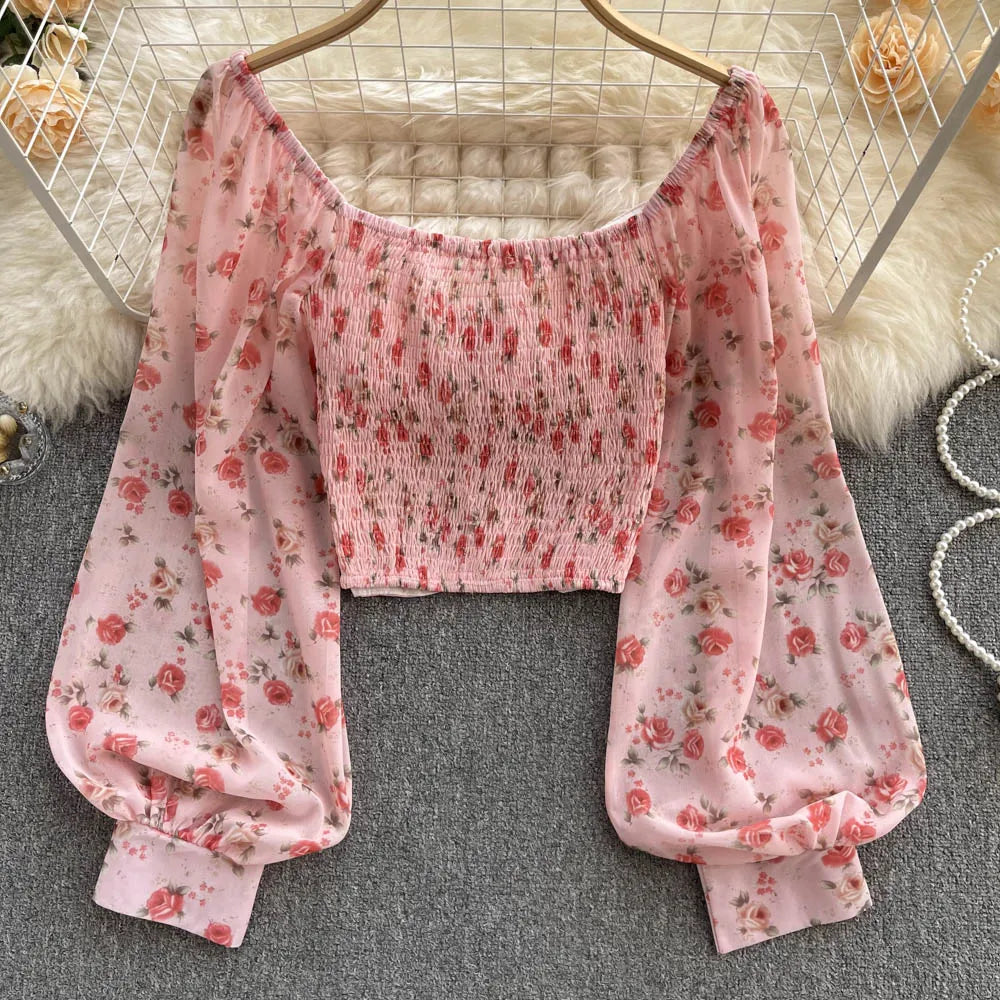 Bohemian Floral Blouses Women Gentle Sweet French Elastic Ruched Slim Tops Spring Casual Vacation Elegant Print Shirts